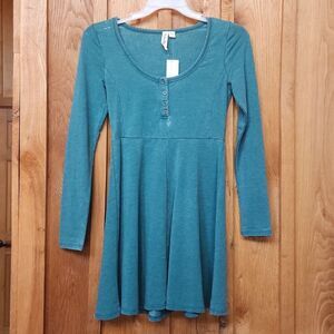 Others Follow Long Sleeve A-Line Knee Length Dress, XS, Green & White Heathered